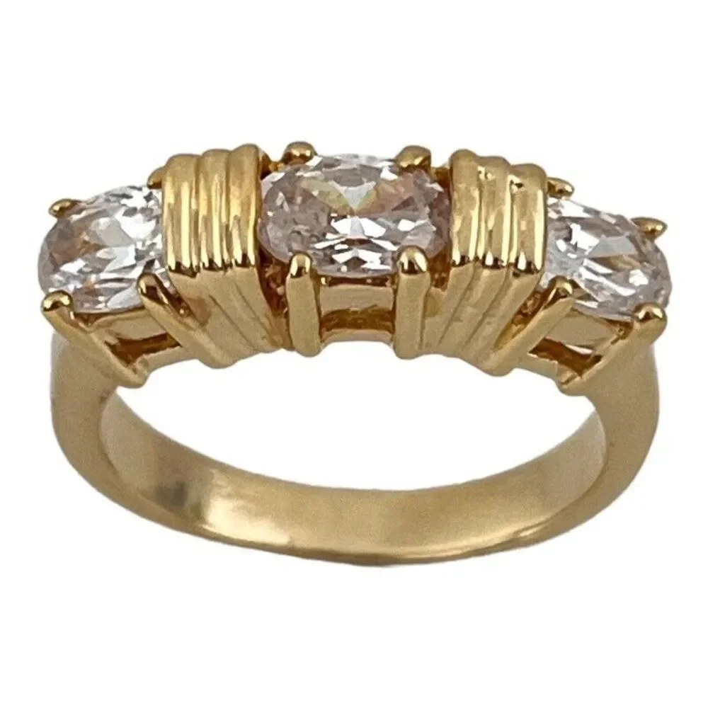 Vintage 1980s Ring Size 6 CZ Three Stone Textured Gold Plated Band - 14S